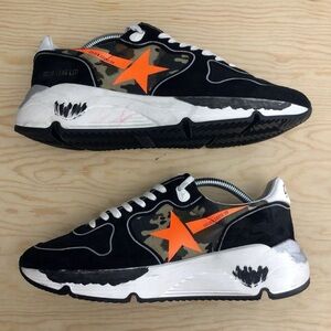 Golden Goose Men's Black and Orange Camo Running Sole Sneakers